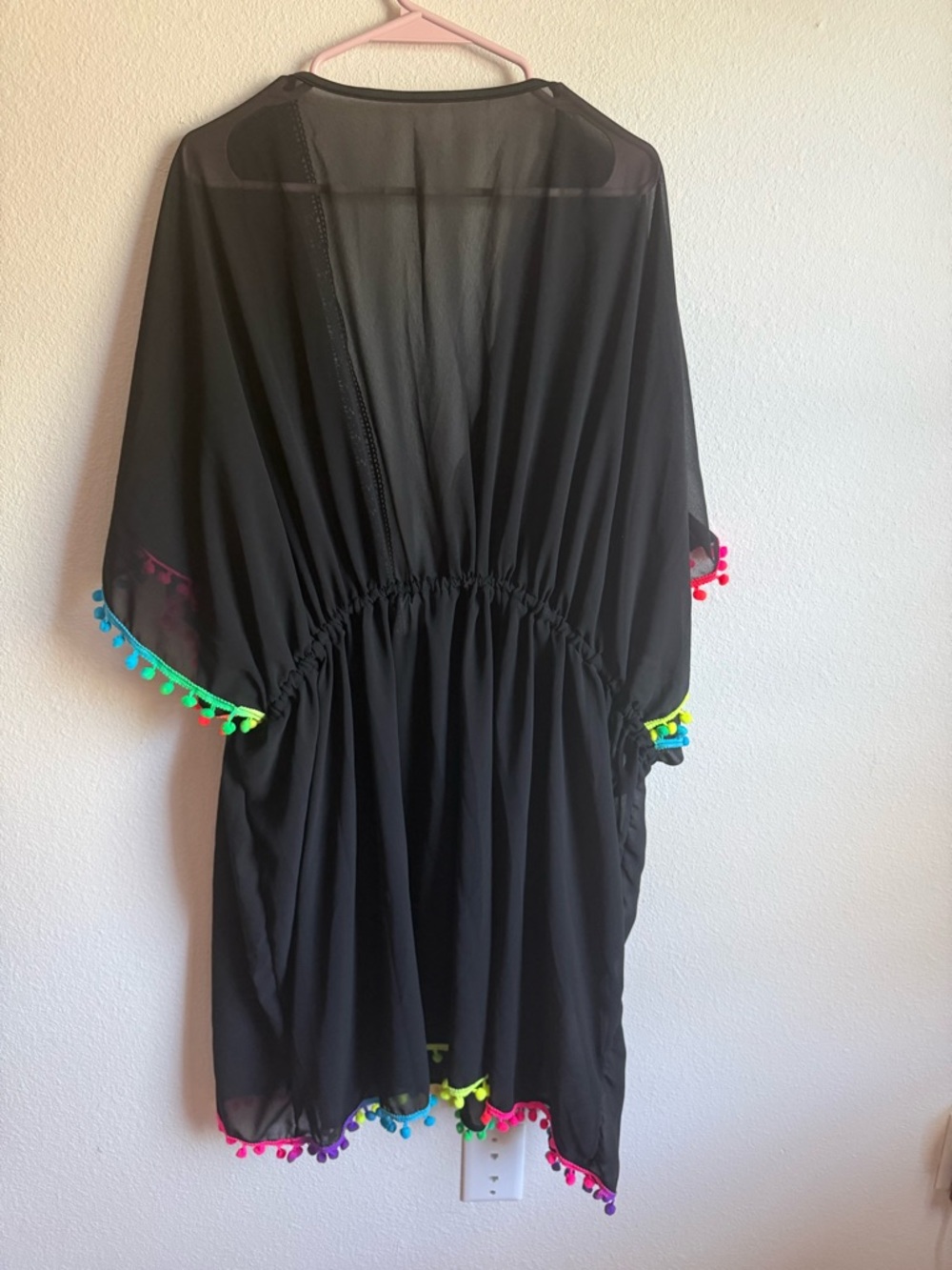 Black Sheer Swim Cover-Up Dress with Rainbow Pom Trim - Picture 5 of 5